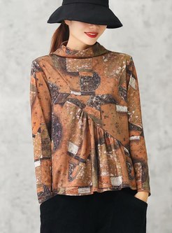 Turtleneck Print Pullover Ruched T-shirt