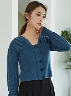 Square Neck Ruched Pullover Short Sweater