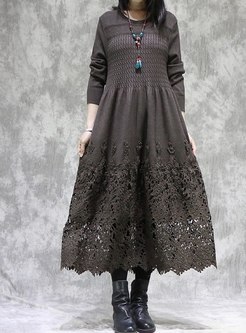 Lace Openwork Knitted Patchwork Long Dress
