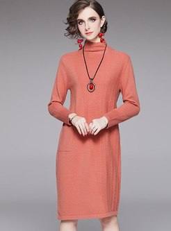 Turtleneck Shift Knitted Dress With Pocket