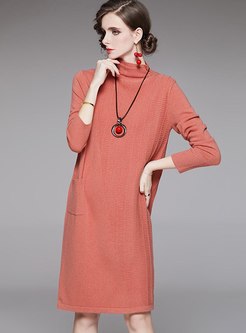 Turtleneck Shift Knitted Dress With Pocket