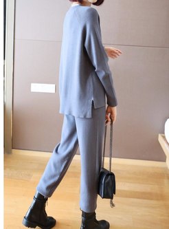 Crew Neck Long Sleeve Knitted Pant Suits