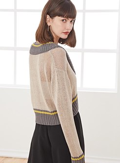 Color-blocked V-neck Pullover Short Sweater