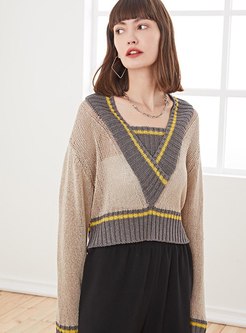 Color-blocked V-neck Pullover Short Sweater