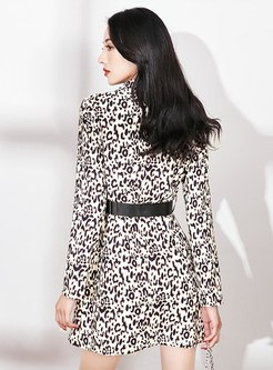 Notched Leopard Belted Skater Mini Dress
