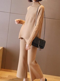 Turtleneck Asymmetric Loose Knitted Pant Suits