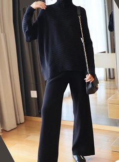 Turtleneck Asymmetric Loose Knitted Pant Suits
