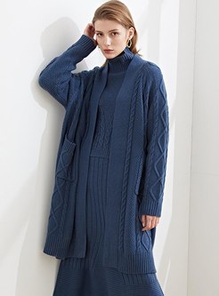 V-neck Knee-length Loose Wool Knitted Coat