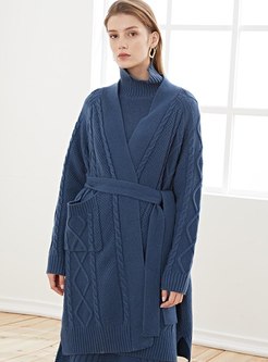 V-neck Knee-length Loose Wool Knitted Coat