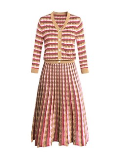 V-neck Striped Cardigan & A Line Skirt