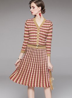 V-neck Striped Cardigan & A Line Skirt