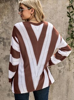 V-neck Striped Pullover Openwork Sweater