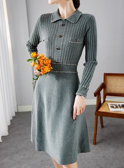 Color-blocked Wool A Line Knee-length Dress