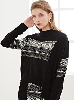 Print Turtleneck Asymmetric Loose Sweater