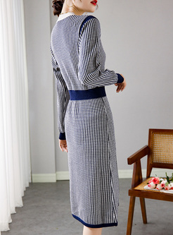 Color-blocked Crew Neck Plaid Knitted Dress
