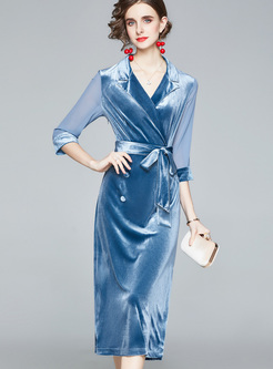 3/4 Sleeve Patchwork Velvet Midi Dress