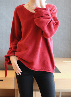 V-neck Drawstring Pullover Loose Sweater