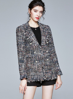 Lapel Fringed Double-breasted Tweed Coat