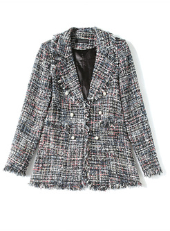 Lapel Fringed Double-breasted Tweed Coat