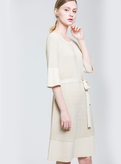 3/4 Sleeve A Line Knitted Knee-length Dress