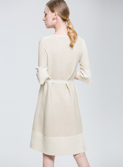 3/4 Sleeve A Line Knitted Knee-length Dress