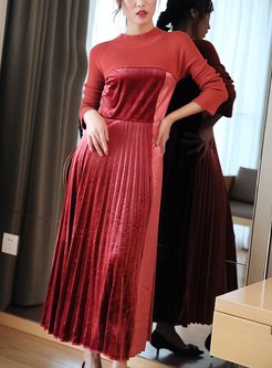 Color-blocked Velvet Patchwork Pleated Dress