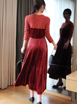 Color-blocked Velvet Patchwork Pleated Dress