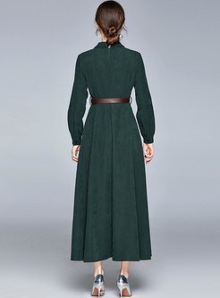 Work Notched Collar Belted Long Party Dress