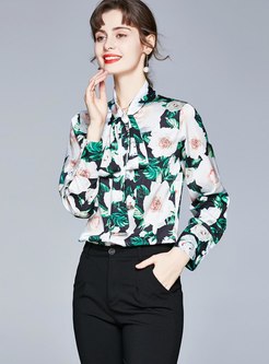 Mock Neck Print Single-breasted Blouse