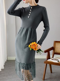 Long Sleeve Mesh Patchwork Knitted Dress
