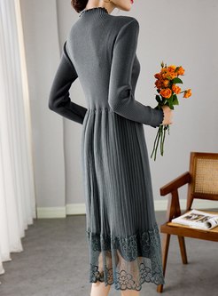 Long Sleeve Mesh Patchwork Knitted Dress