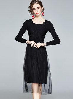Long Sleeve Mesh Patchwork Knitted Midi Dress