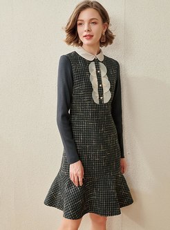 Color-blocked Tweed Patchwork Peplum Dress
