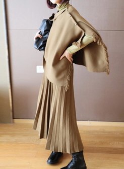 Asymmetric Fringed Shawl & Pleated Knitted Skirt