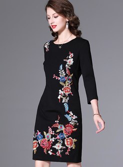 3/4 Sleeve Embroidered Bodycon Mini Dress