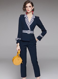 Plaid Patchwork Belted Work Pant Suits