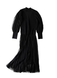 Black Lantern Sleeve Knitted Midi Dress