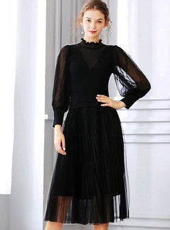 Black Lantern Sleeve Knitted Midi Dress