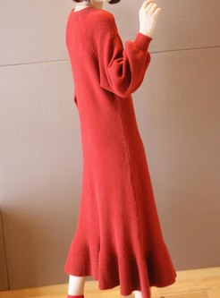 Lantern Sleeve Ruffle Sweater Dress