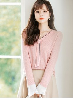 V-neck Color-blocked Ribbon Pullover Sweater