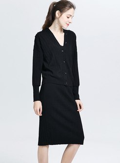V-neck Single-breasted Knitted Skirt Suits
