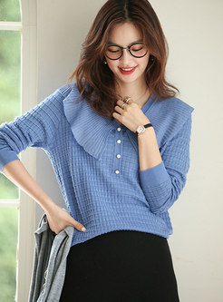 Ruffle V-neck Pure Color Loose Sweater