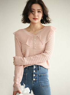 Ruffle V-neck Pure Color Loose Sweater