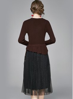 V-neck Mesh Patchwork Knitted Midi Dress