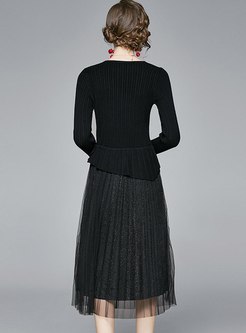 V-neck Mesh Patchwork Knitted Midi Dress
