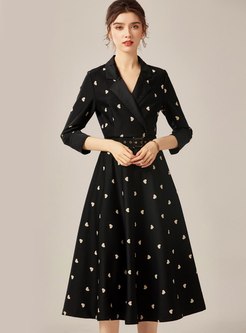 Black 3/4 Sleeve Print A Line Midi Dress
