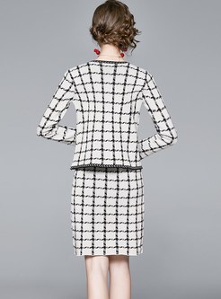Plaid Beaded Knitted Two Piece Dress