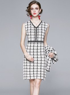 Plaid Beaded Knitted Two Piece Dress
