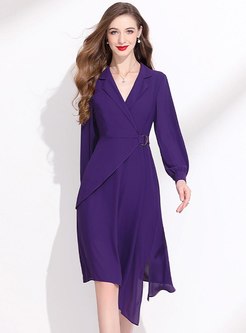 Notched Collar Long Sleeve Belted High-low Dress