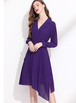 Notched Collar Long Sleeve Belted High-low Dress